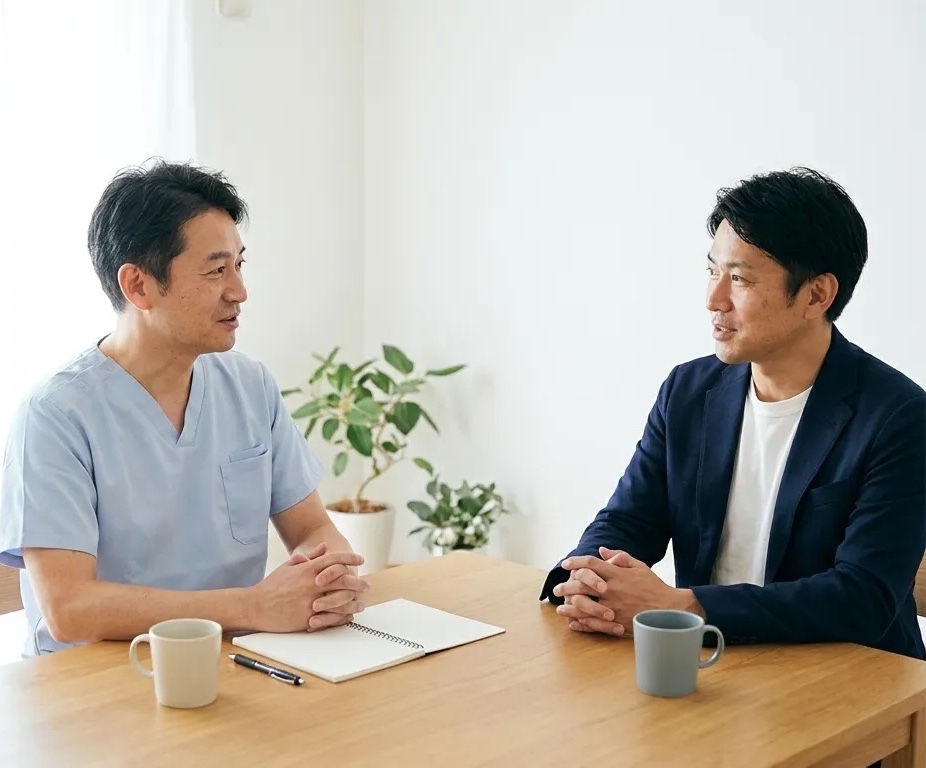 院長とコーチが向かい合って話している様子（イメージ）